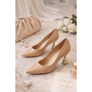Katy Perry Nude Patent Pointed Toe Heels Sculpted Gold Heel Womens
